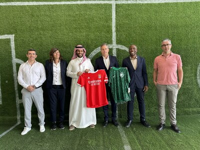From left to right: Davide Gomes (Benfica's International Expansion Technical Coordinator), Ana Oliveira (Benfica's Olympic Project Director), Majed Al Sahib (SAFF Deputy General Secretary), Bernardo Faria de Carvalho (Benfica's Director of the International Expansion), Nasser Larguet, (Technical Director), Frederic Nkuena (Communication Director) and Rui Lança (Benfica's Indoor Sports Director).