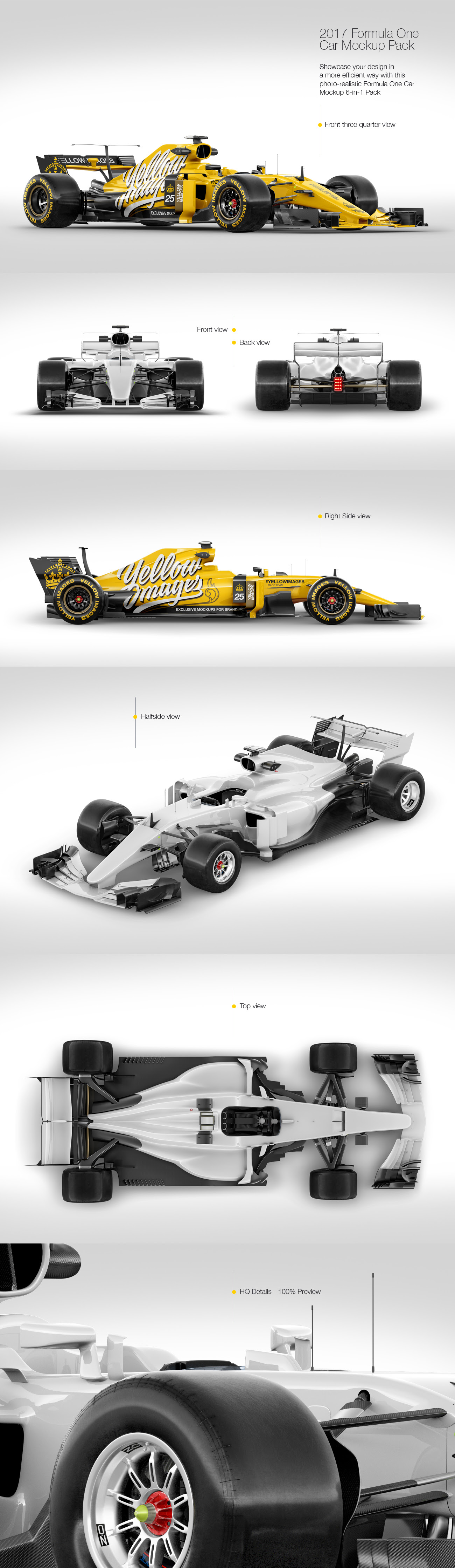 2017 Formula 1 Car Mockup Pack in Handpicked Sets of Vehicles on Yellow