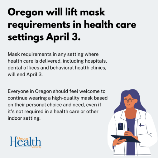 graphic explaining mask mandate in health care settings lifting April 3
