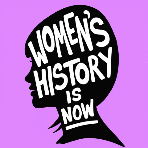 Image of women's heads changing with the words "women's history is now" written inside
