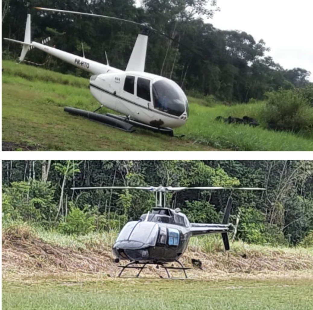 Helicópteros do garimpo em pista de pouso em base da Funai no território indígena yanomami