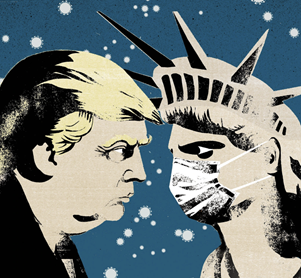Donald Trump and the Statue of Liberty wearing a medical mask; Illustration by Ellie Foreman-Peck