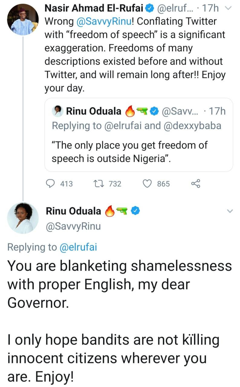 "You are blanketing shamelessness with proper English" Rinu engages Gov El-Rufai in debate after he tweeted despite Twitter being suspended in Nigeria