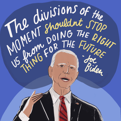 Image of Biden with the quote "The divisions of the moment shouldn't stop us from doing the right thing for the future- Joe Biden"