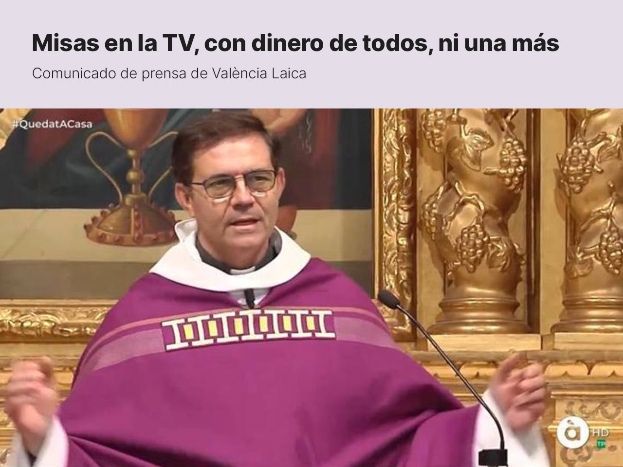 València Laica lamenta la retransmisión de misas en la TV pública