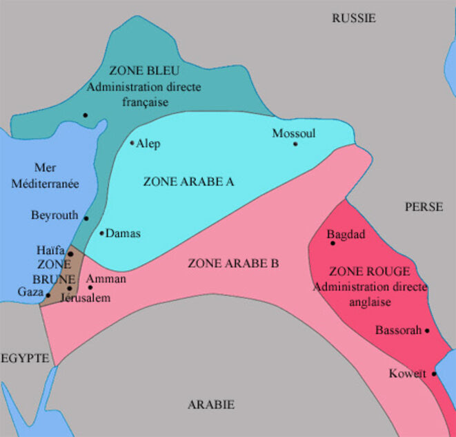 Carte du découpage du Moyen-Orient suivant les accords Sykes-Picot