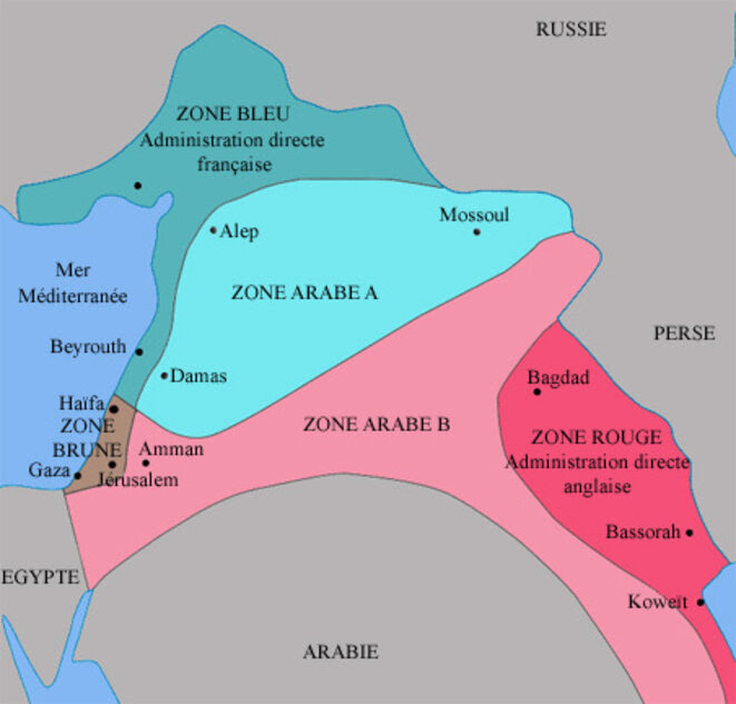 Carte du découpage du Moyen-Orient suivant les accords Sykes-Picot Carte du découpage du Moyen-Orient suivant les accords Sykes-Picot