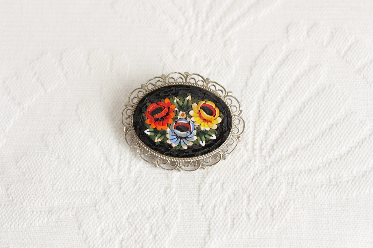 VINTAGE MICRO MOSAIC TILE FLORAL BROOCH