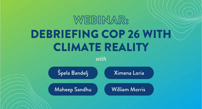 Green and blue background with forefront text: "Webinar: DEBRIEFING COP 26 WITH CLIMATE REALITY"