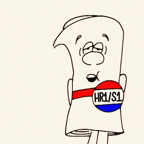 Cartoon image of a bill wearing a pin that says "HR1/S1". The bill stamps a phrase on the wall that states "Pass the For the People Act"