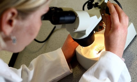 A woman looking at matter under a microscope.