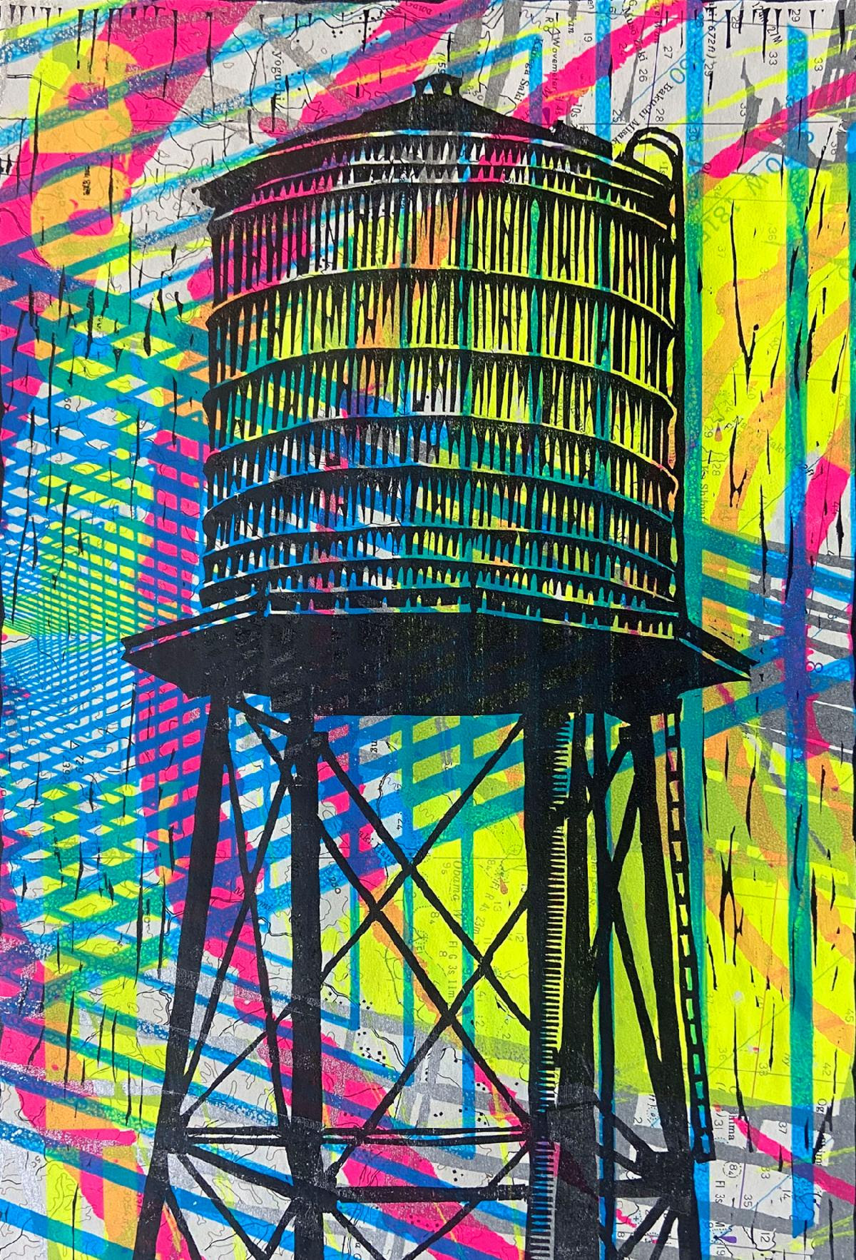 Robert Maloney, detail from Water Tower Metallic Fluorescent 2, woodblock on paper