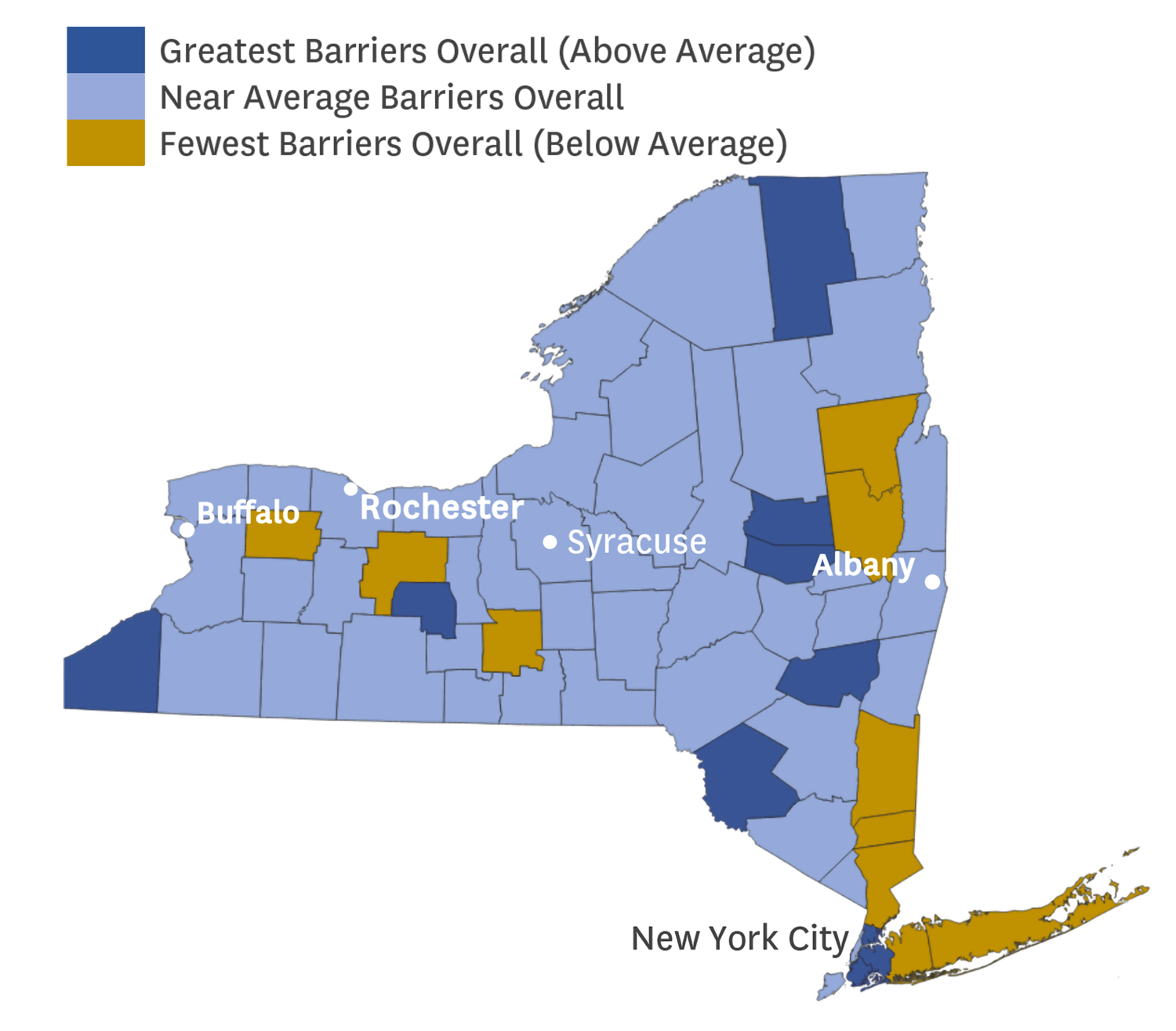 CCC's latest choropleth map of New York's 62 counties shows that 8 counties across the state face greater than average barriers to child well-being.