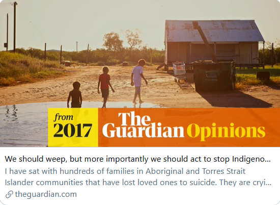 We should weep, but more importantly we should act to stop Indigenous suicides | Gerry Georgatos https://theguardian.com/commentisfree/2017/sep/10/we-should-weep-but-more-importantly-we-should-act-to-stop-indigenous-suicides Understanding one another, understanding unfairness, helping one another, being there for one another are the most profound steps to suicide prevention.
Gerry Georgatos is a suicide prevention researcher and restorative justice and prison reform expert with the Institute of Social Justice and Human Rights. He is a member of several national projects working on suicide prevention, particularly with elevated risk groups and in developing wellbeing to education to work programs for inmates and former inmates.  https://www.theguardian.com/profile/gerry-georgatos https://www.theguardian.com/australia-news/indigenous-australians