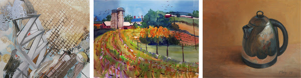 Left: Sue Pollins, Segmented I (1 panel of 3); Middle: Doreen Currie, Fresh Corn; Right: Mike McSorley, Silver Teapot Left: Sue Pollins, Segmented I (1 panel of 3); Middle: Doreen Currie, Fresh Corn; Right: Mike McSorley, Silver Teapot