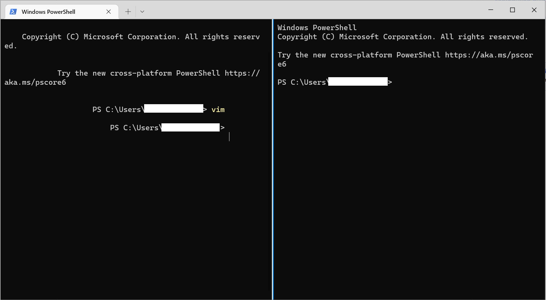 Windows Terminal after Exiting Vim 9 0 1054 and Creating New Pane, 1 of 2