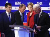 From left, Democratic presidential candidates, former South Bend Mayor Pete Buttigieg, former New York City Mayor Mike Bloomberg, Sen. Elizabeth Warren, D-Mass., and former Vice President Joe Biden, walk off stage at the end of the Democratic presidential primary debate at the Gaillard Center, Tuesday, Feb. 25, 2020, in Charleston, S.C., co-hosted by CBS News and the Congressional Black Caucus Institute. (AP Photo/Patrick Semansky)
