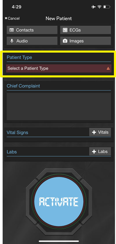 Patient Type screen