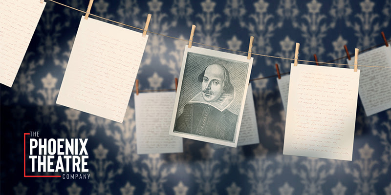 Sheets of paper on a clothes line, one with a portrait of William Shakespeare