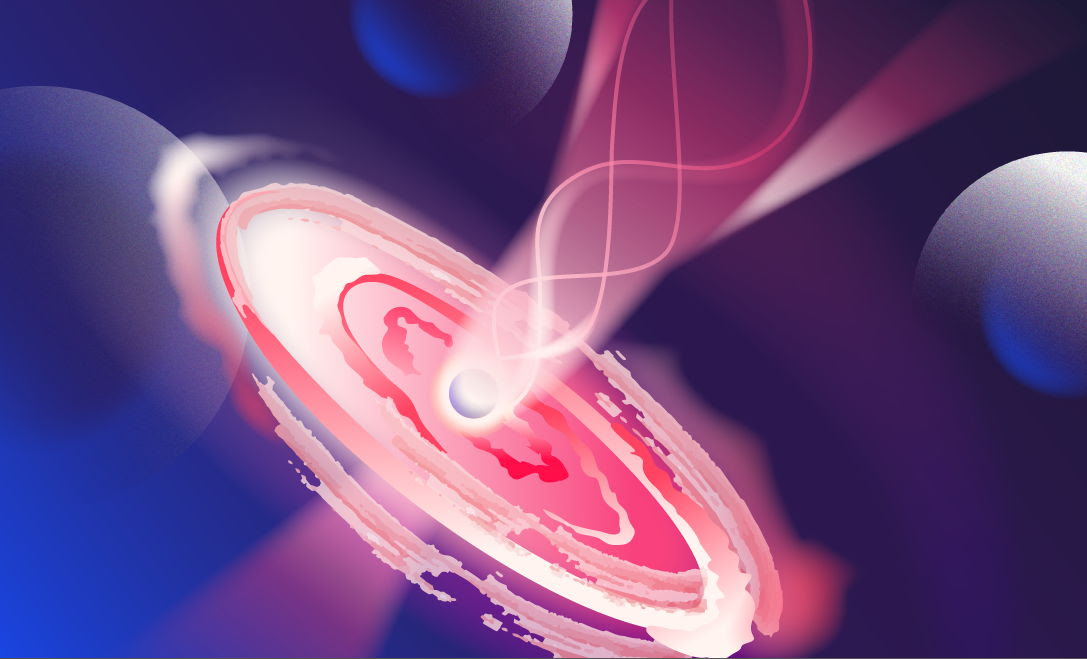 Figure 1. At the center of a quasar, a black hole is surrounded by a spinning accretion disk composed of dust and gas, and there are two oppositely directed plasma jets emanating from it. The shape of the jets changes with distance from the center, and as a result, they look like the famous flared pants. In this artist’s rendering, a twisted magnetic field and clouds of interstellar gas can be seen around the jet. Credit: Daria Sokol/MIPT Press Office