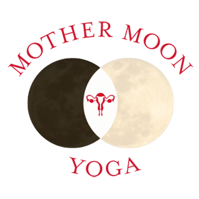 Mother Moon Yoga text with image of a dark moon crossing a full moon with a uterus between them