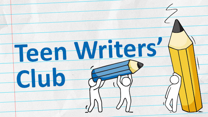 An illustrated notebook page in the background with illustrated white figures carrying illustrated pencils. Blue text reads Teen Writers' Club