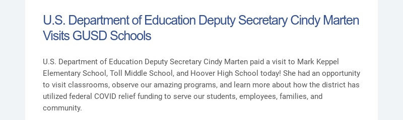 La secrétaire adjointe du département américain de l'éducation, Cindy Marten, visite les écoles du GUSD Le département américain de l'éducation...