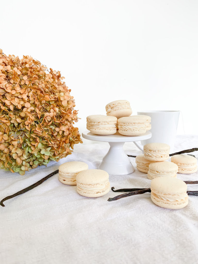 vanilla bean macarons with a dried anabelle hydrangea and a cup of tea with vanilla beans around