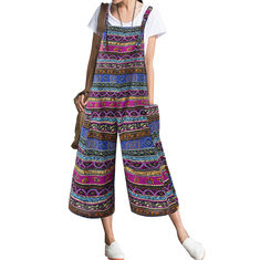 Women Patchwork Bohemian Sleeveless Pocket Jumpsuit