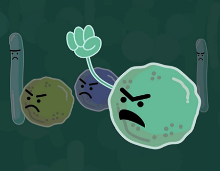 Animated anthropomorphic bacteria protest antibiotics in a still from MedlinePlus' new video