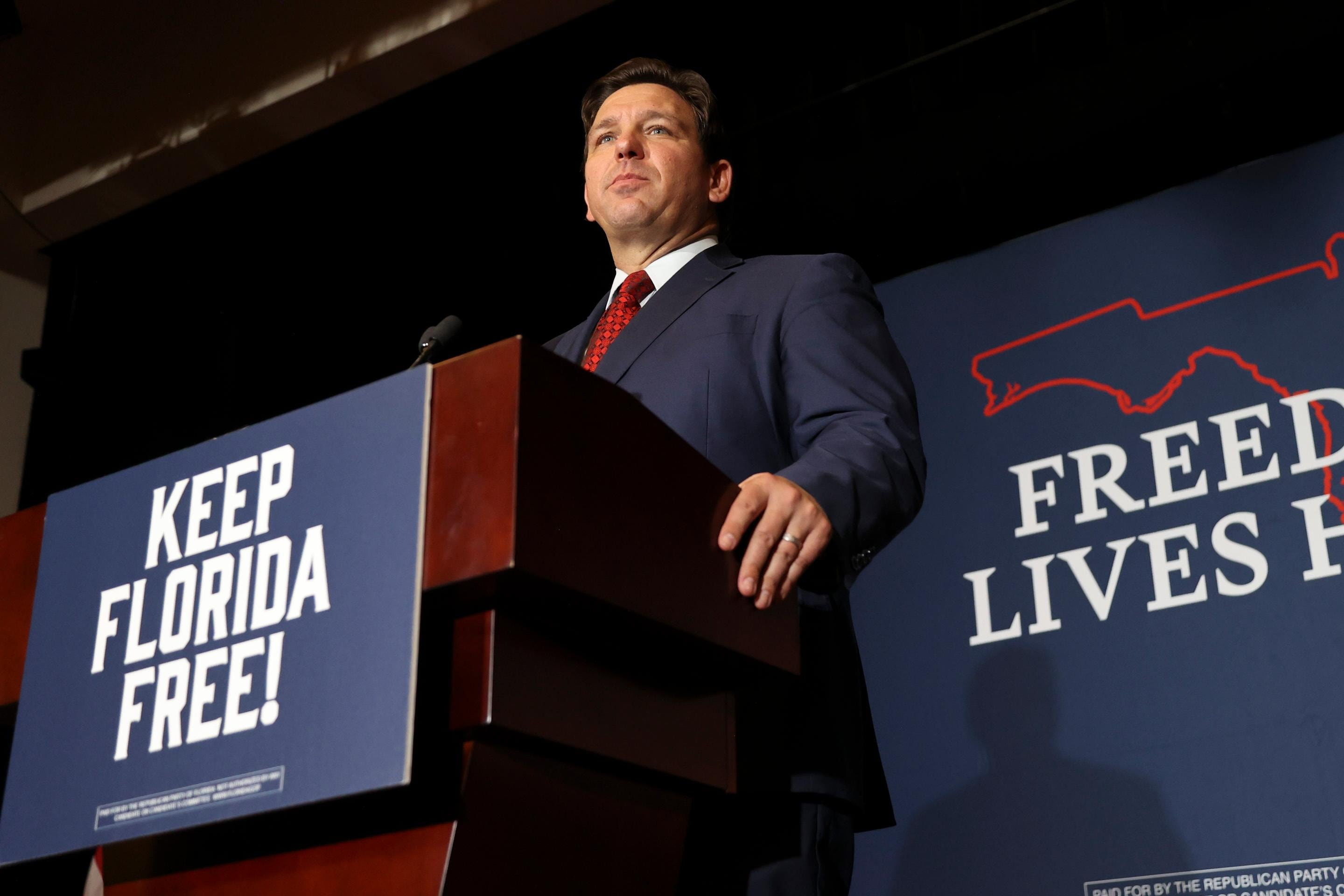 Florida Gov. Ron DeSantis speaks to a crowd of supporters during the Keep Florida Free Tour