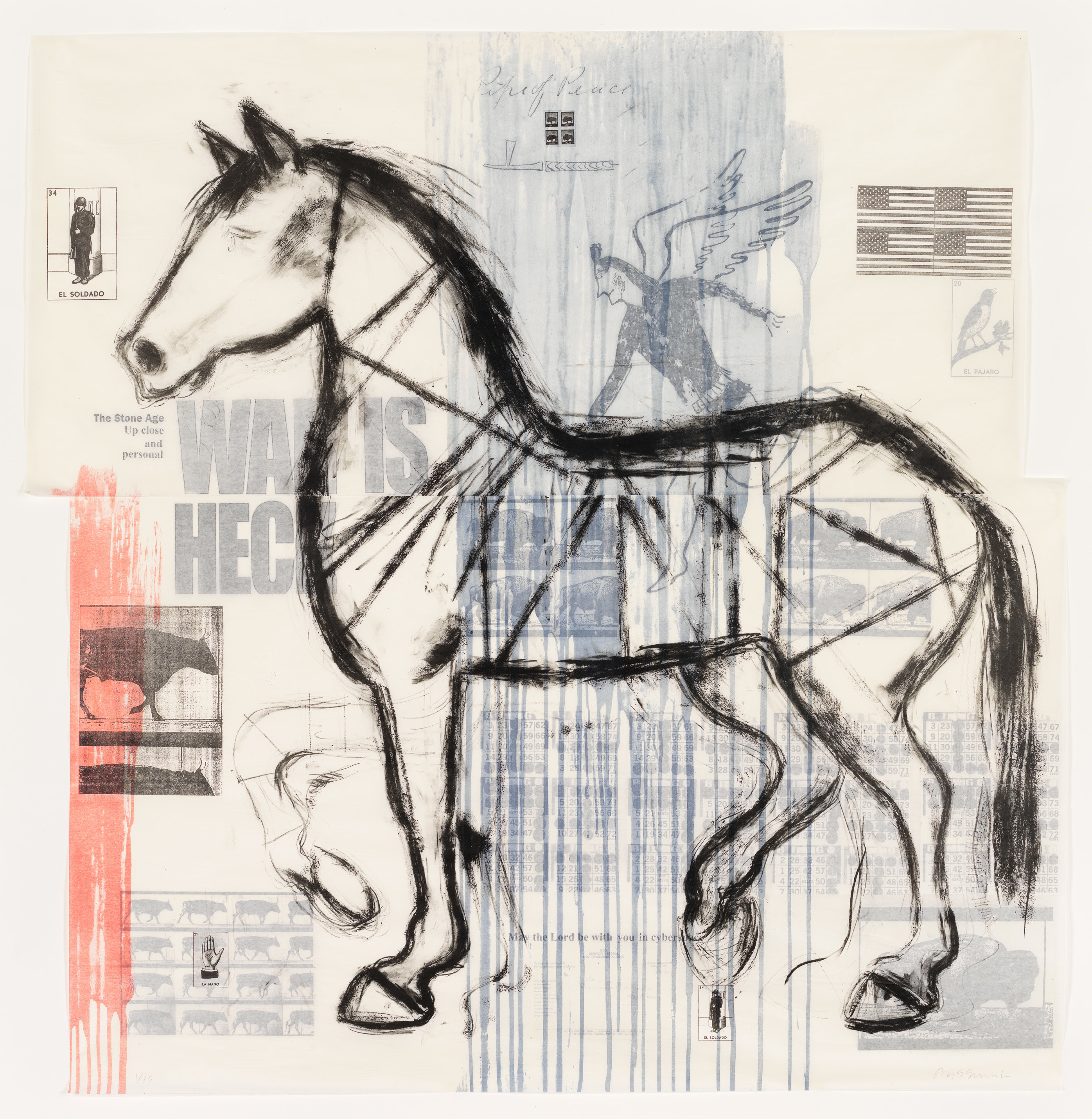 Jaune Quick-to-See Smith, War is Heck, 2002. Lithograph, photolithograph, and collage, sheet: 58 9/16 × 57 5/8 in. (148.7 × 146.4 cm). 1/10 | 4 TPs, BAT; Printed and published by P.R.I.N.T. Press. Whitney Museum of American Art, New York; gift of Dorothee Peiper-Riegraf and Hinrich Peiper 2006.287. Courtesy the artist and the Garth Greenan Gallery, New York