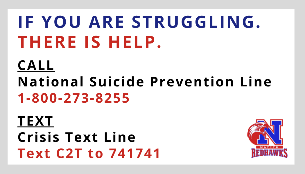 Image text: IF YOU ARE STRUGGLING.
                                        THERE IS HELP.
                                        CALL
                                        National Suicide Prevention Line 1-800-273-8255
                                        TEXT
                                        Crisis Text Line Text C2T to 741741