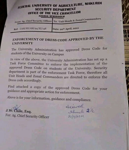 Benue varsity enforces dress code; bans leggings, shorts, spaghetti tops, heavy makeup, body hugs, coloured hair, female wears above knee