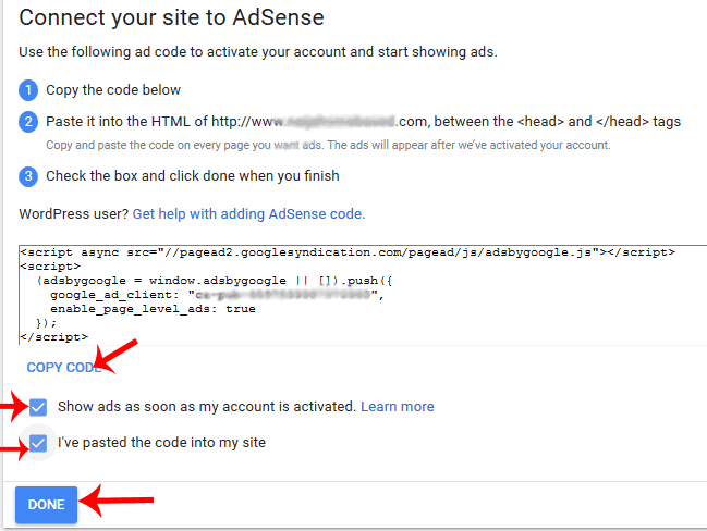 connect your site to adsense using adsense verification code