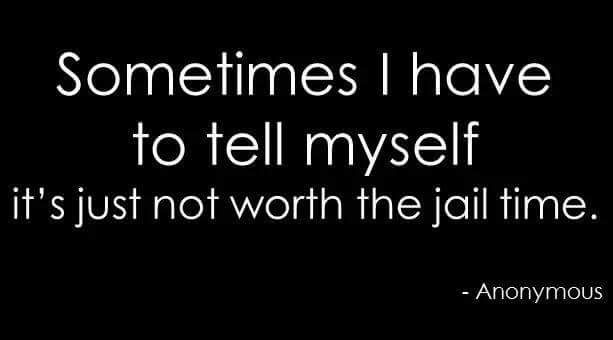 Sometimes I have to tell myself it's just not worth the jail time. Too freaking funny.because you really think it. Great Quotes, Quotes To Live By, Me Quotes, Funny Quotes, Inspirational Quotes, Idiot Quotes, Someecards Funny, Epic Quotes, Sarcastic Quotes