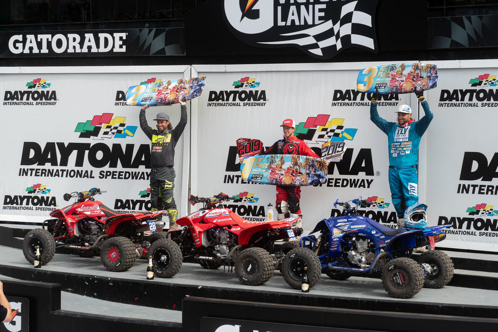 Joel Hetrick (center), Jeffrey Rastrelli (left) and Chad Wienen (right) rounded out the 2019 Daytona ATV Supercross top three.