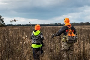 Back view of an adult and youth hunters, dressed in full camo, stnding in a grassy autumn field