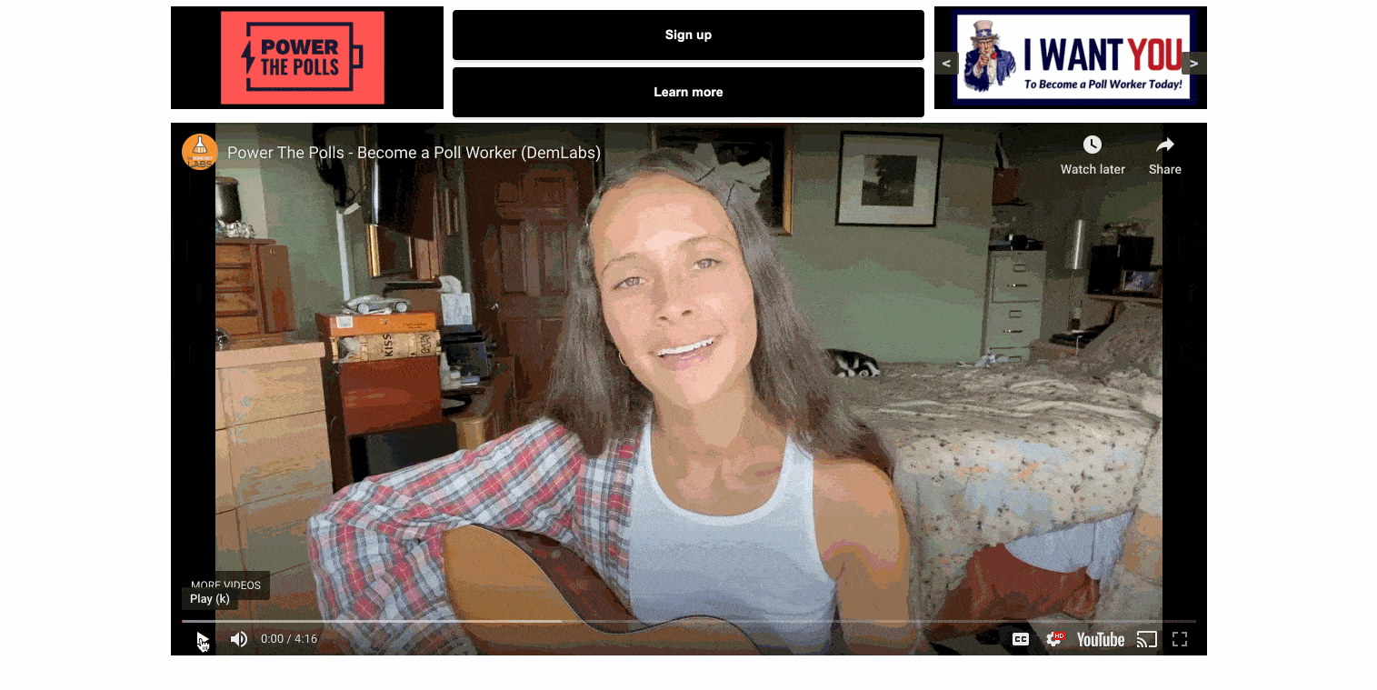 Interactive music video stream from YouTube coupled with BigStage Action Buttons let viewers sign up to become volunteers as they watch the performance.