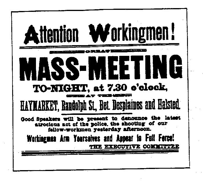 1886 மே 4 : ஹே மார்க்கெட் கூட்டத்திற்கான சுவரொட்டி