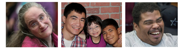 A series of three horizontal pictures separated by a white border. The first picture is of a woman with dark blond hair, wearing a pink shirt and glasses. She is in a wheelchair, and has her head tilted to the side, smiling at the camera. The next picture is of an Asian American family. On the left is a man with dark brown, short hair. He is wearing a plaid shirt with a white shirt visible underneath. To the right of him is a young girl with dark brown shoulder length hair and bangs. She is wearing glasses and a pink shirt. To her right is a young man, with short brown hair smiling at the camera. The last picture is of a Black man. He is laughing while looking at the camera. He is wearing a white and gray striped shirt. 