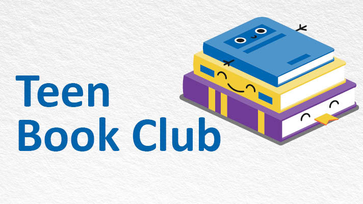 A white background with a stack of illustrated books and blue text that reads Teen Book Club