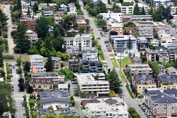 An aerial shot of a suburban Seattle neighborhood