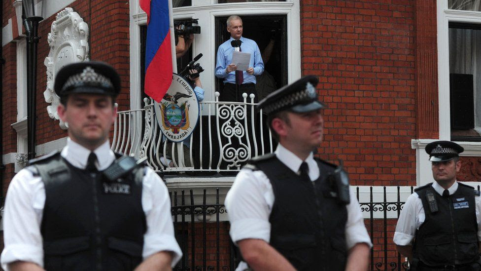 Julian Assange on the balcony at the Ecuadorean embassy in London in 2012