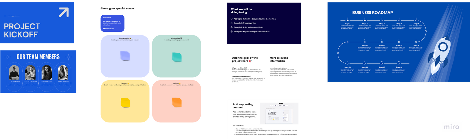 Sample kickoff deck slides, created by Lindsay Li on Miro.