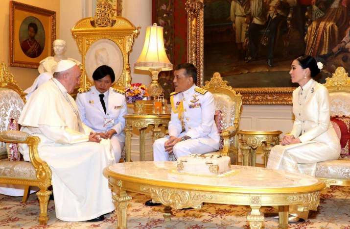 Pope Francis meets King Maha Vajiralongkorn and Queen Suthida on Thursday. From bangkokpost.com