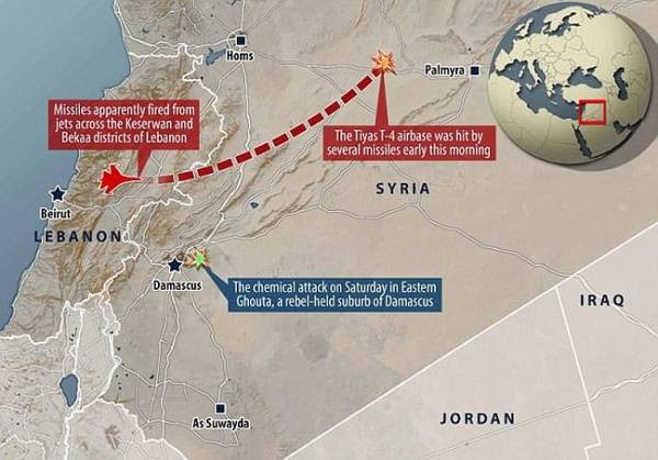 Sơ đồ vụ tấn công của chiến đấu cơ Israel vào căn cứ không quân Syria sáng 9/4