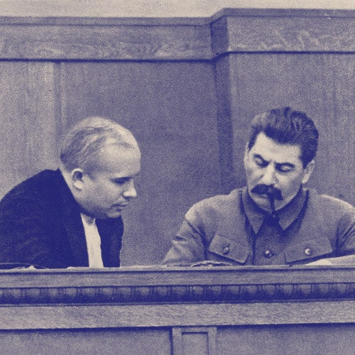 Black and white photograph of Joseph Stalin and Nikita Khrushchev in 1936.