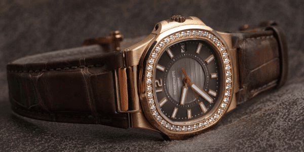Patek Philippe Nautilus Rose Gold Diamond Brown Strap Ladies Watch 7010