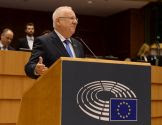 President Reuven Rivlin addresses the European Union Parliament in Brussels, Belgium.